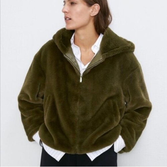Zara FAUX FUR JACKET-MID KHAKI/green/olive - XS - Picture 2 of 8